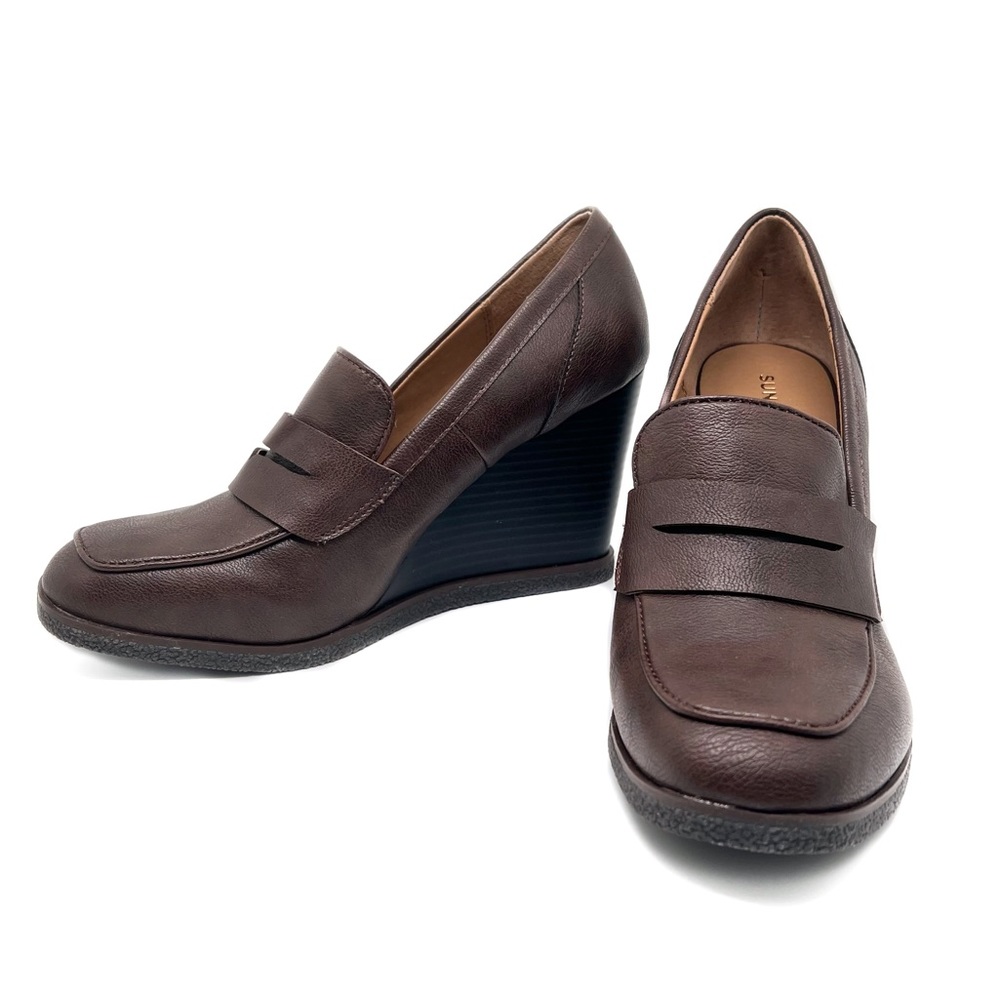 Sun + Stone Wedge Heel Women’s Faux Leather Jetta Slip On Loafer Brown Size 9